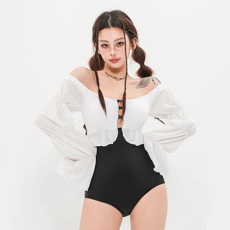 

2024 Women's Swimwear Solid Patchwork Long Sleeve 1-Piece Swimsuit Hight Waist One Shoulder Cutout Backless Beach Bathing Suit