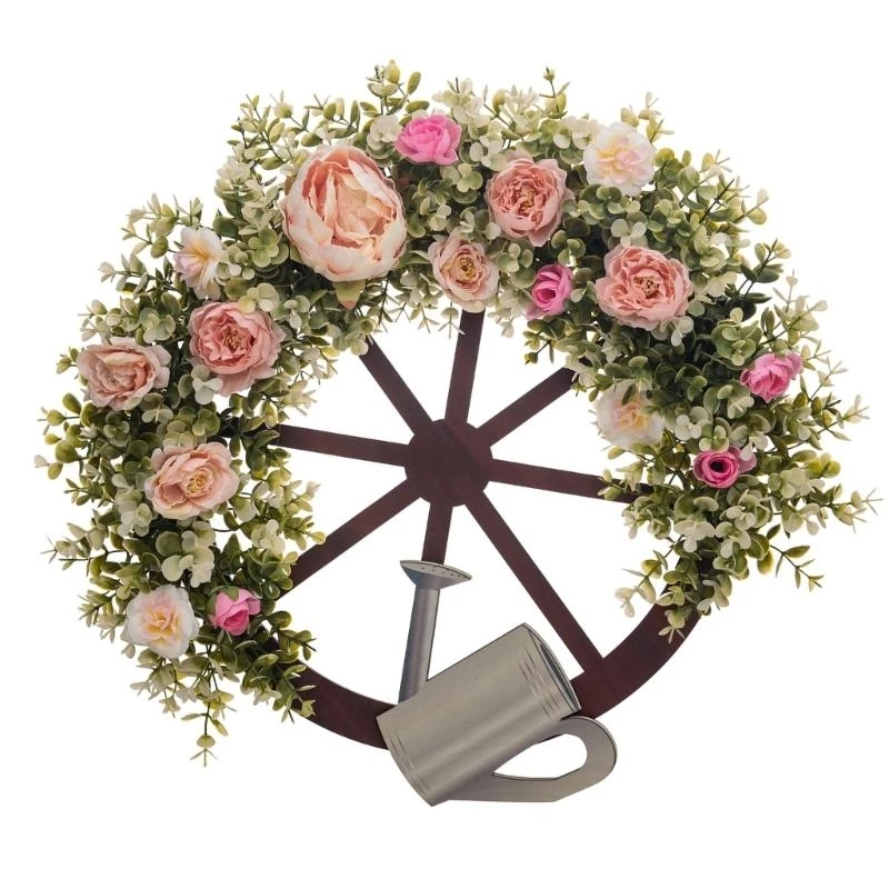 Artificial Flower Wreath Spring Wreath Spring Chinese Rose Wreath for Front Door Garden Wedding, Front Door Wreath 15UB