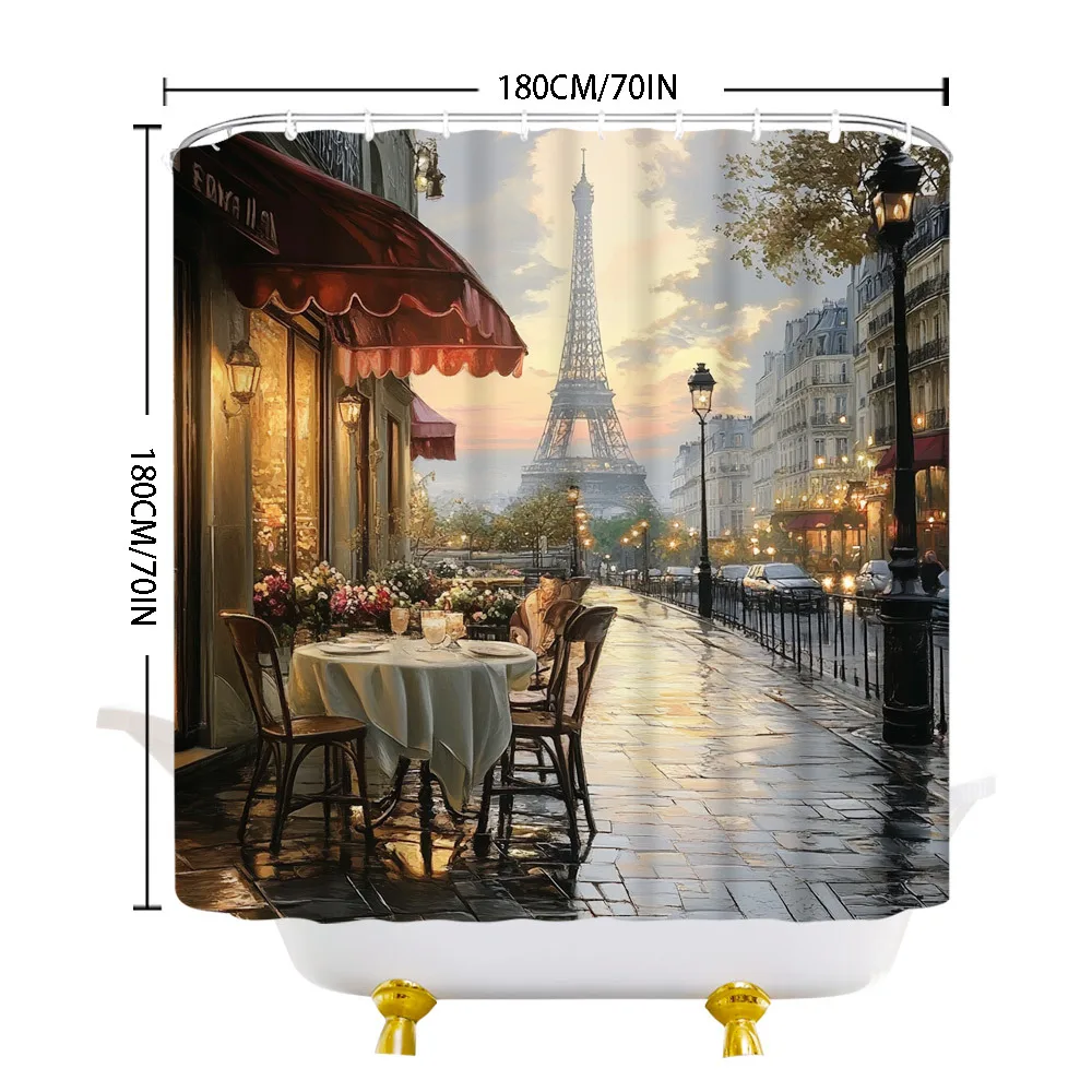Paris Eiffel Tower Street Cafe Shower Curtain Machine Washable All Season Waterproof Privacy ProtectionRomantic Design European