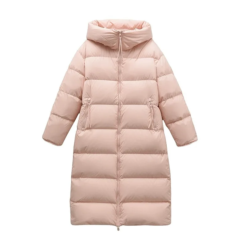 Medium to long hooded down jacket for women 2023 new Korean version loose knee high white goose down winter thick warm jacket