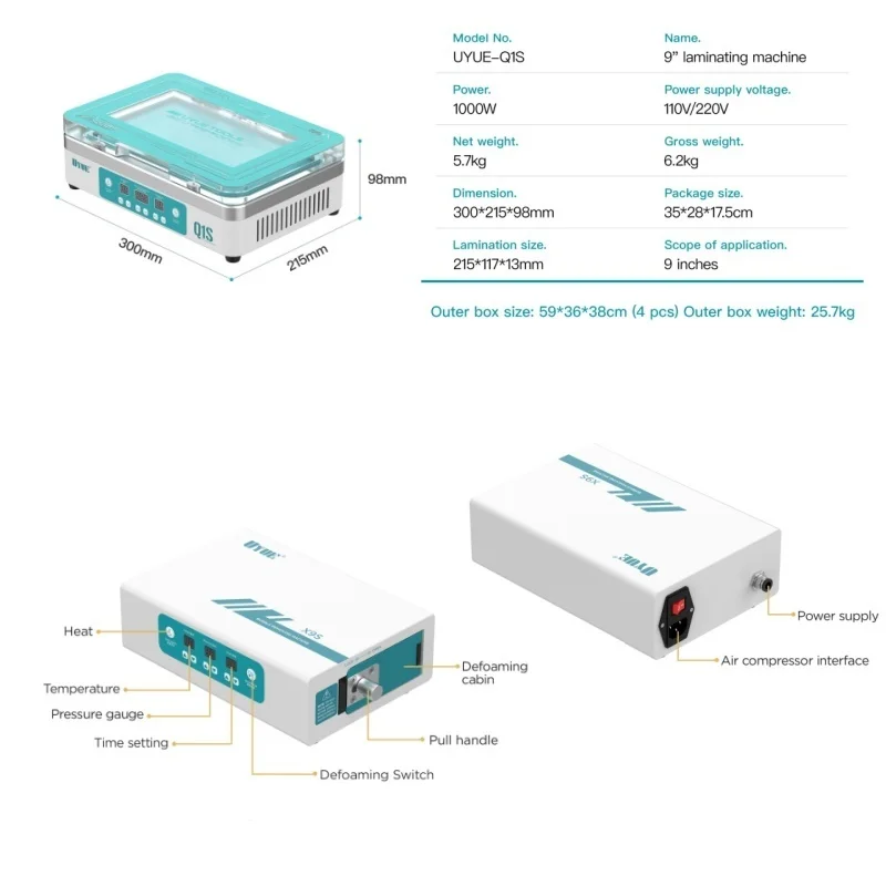 Laminating & Bubble Removal Machine with Vacuum Pump & Air Compressor LCD Screen Refurbishing Machine Kit for Display Repair Set
