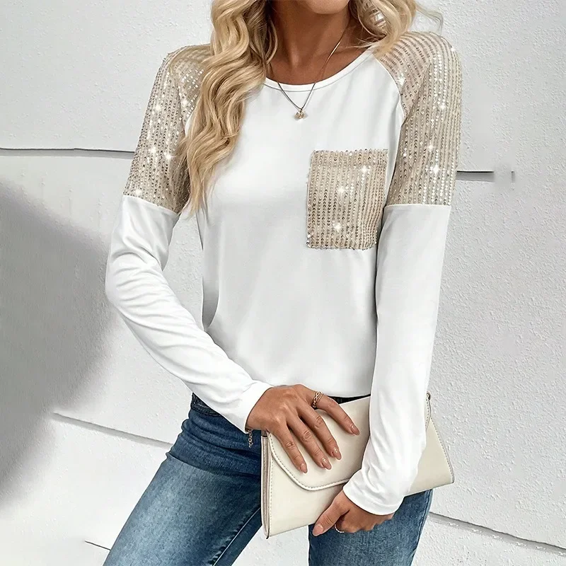 

2024 New Women's Sequin Patchwork Long Sleeved Tops with Pocket Pullover T Shirts O Neck Loose Casual Spring Autumn Tee NASY0015