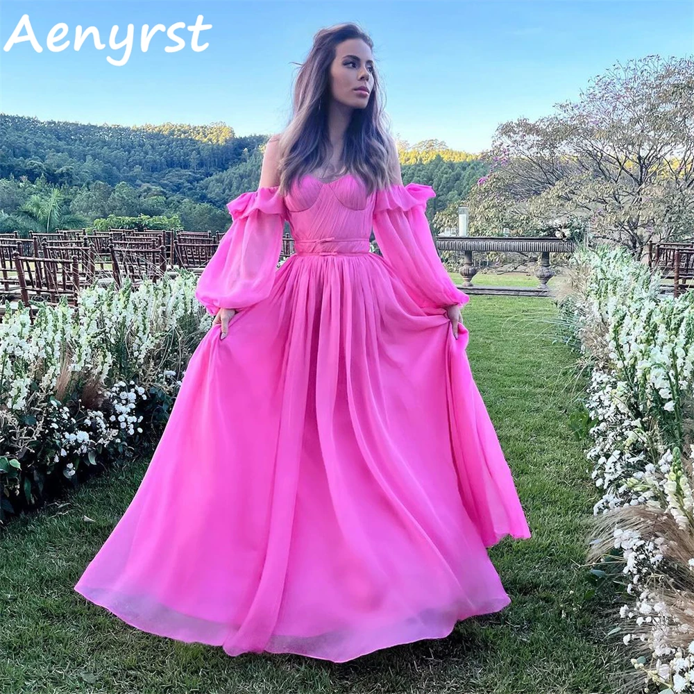 Aenyrst Vestido largo de gasa con hombros descubiertos para fiesta de cumpleaños, traje de noche largo hasta el suelo con mangas abullonadas, corsé de línea A