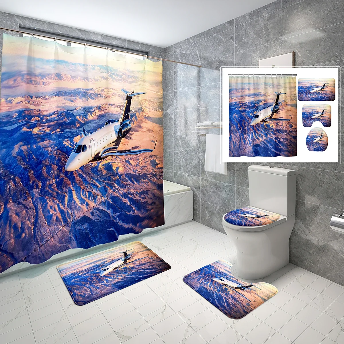 Airplane Shower Curtain Set Sunrise Plane Flight 4 Pcs Shower Curtain Bathroom Non-Slip Bath Mat Toilet Cover Shower Curtain Set