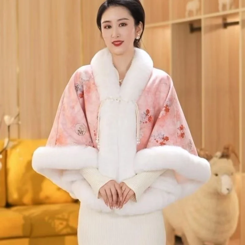 New Year Thicken Velvet Cloak Women's New Chinese Style Plush Collar Overcoat Vintage Wedding Shawl Chi-pao Match Cape Female