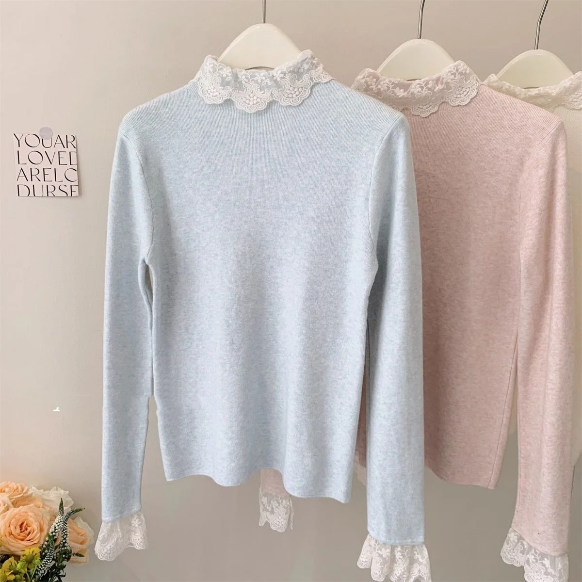 Women Soft Knitted Base Layer Top Long Sleeve Half High Collar Lace Edge Inner Wear Autumn Winter Korean Style Sweater Top