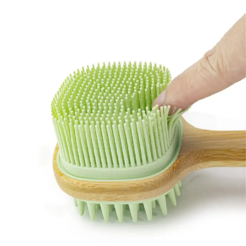 Escova De Banho De Silicone Com Longo Punho De Madeira, Back Scrubber, Pele Seca Esfoliante, Massagem Corporal Ferramenta De Limpeza, Novo