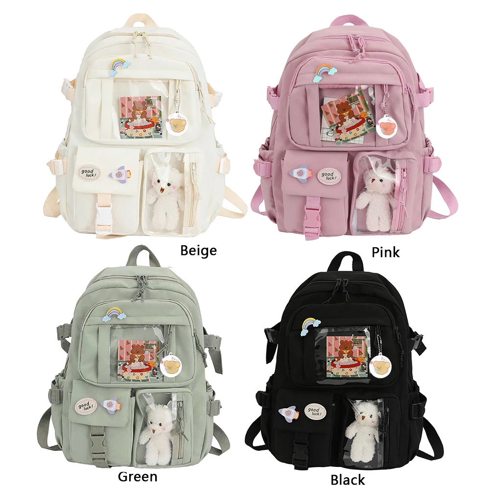 

Ladies Bookbag Fashion College Student Rucksack Nylon with Plush Pendant Pin Kawaii Large Capacity Japanese Style for Teen Girls