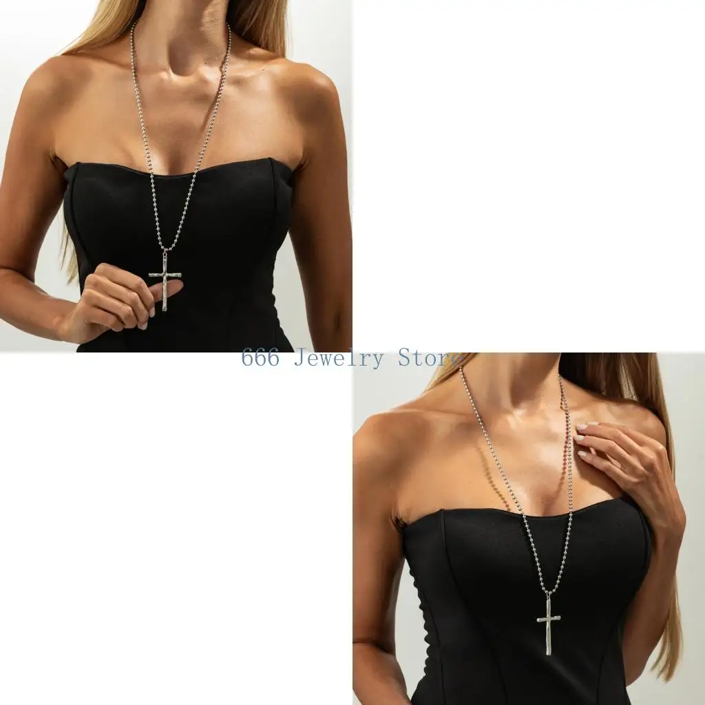 F2TD Elegant Heart Shaped Crosses Pendant Layering Necklace Featuring Sparkling Acrylic Diamonds Alloy Material for Sensitive