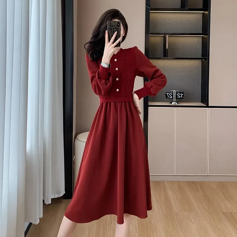 Women NewCasual O-Neck Long Dresses Autumn Ladies Long Styles Sweater Dress Female Lantern Sleeve Fake Two Pieces Knitted Dress
