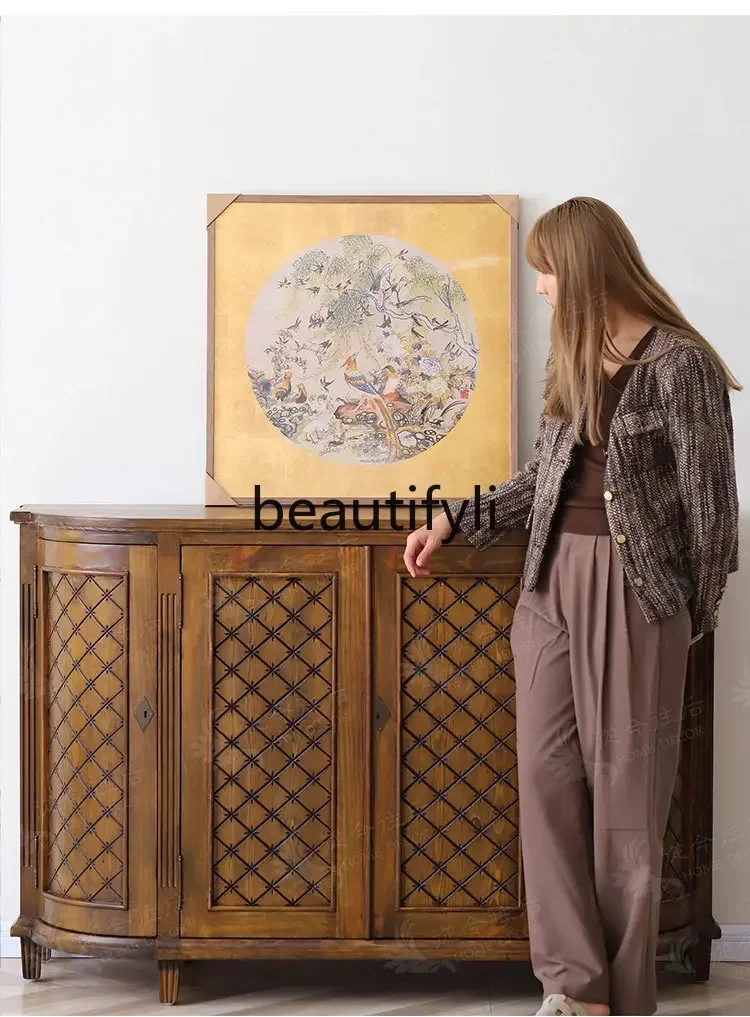 

Great discounts American retro new Chinese entrance dining side cabinet rhombus pattern solid wood living room side cabinet disp