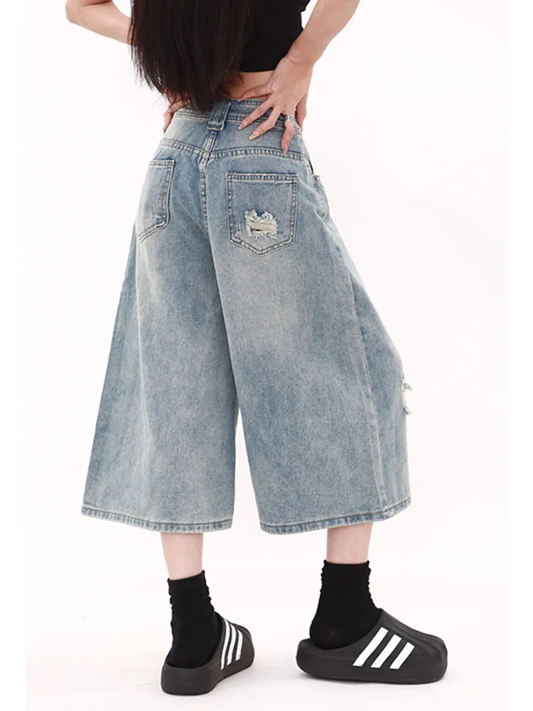 กางเกงยีนส์ทรงตรงขากว้างสไตล์วินเทจอเมริกัน ขาดๆ เซอร์ๆ เอวสูง 7/8 ความยาว ผู้หญิง ฤดูร้อน รุ่นใหม่ ทรงหลวม