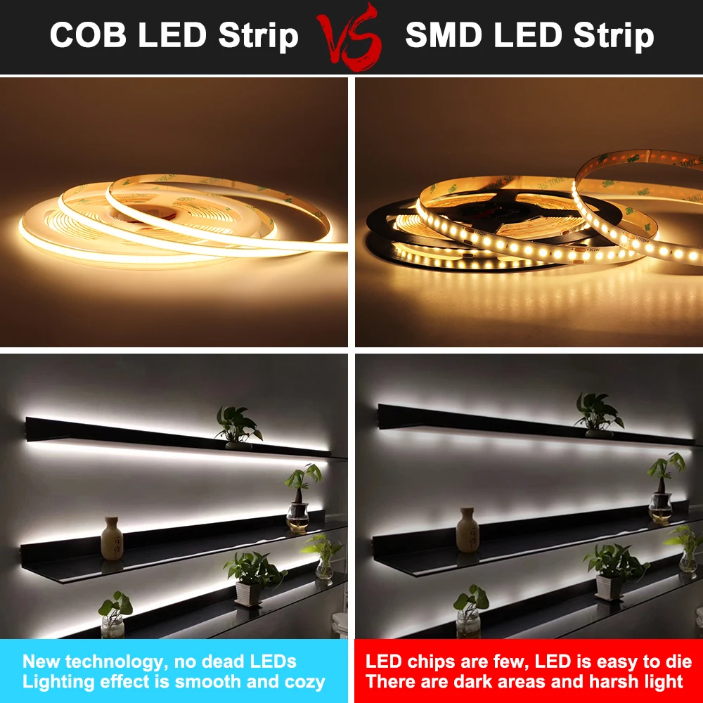 COB LED 스트립 조명, 고밀도 유연한 조도 조절 LED 테이프, 적색, 황색, 녹색, 핑크, 청색, 차가운 청색, 따뜻한 백색, 5M, 12V, 24V