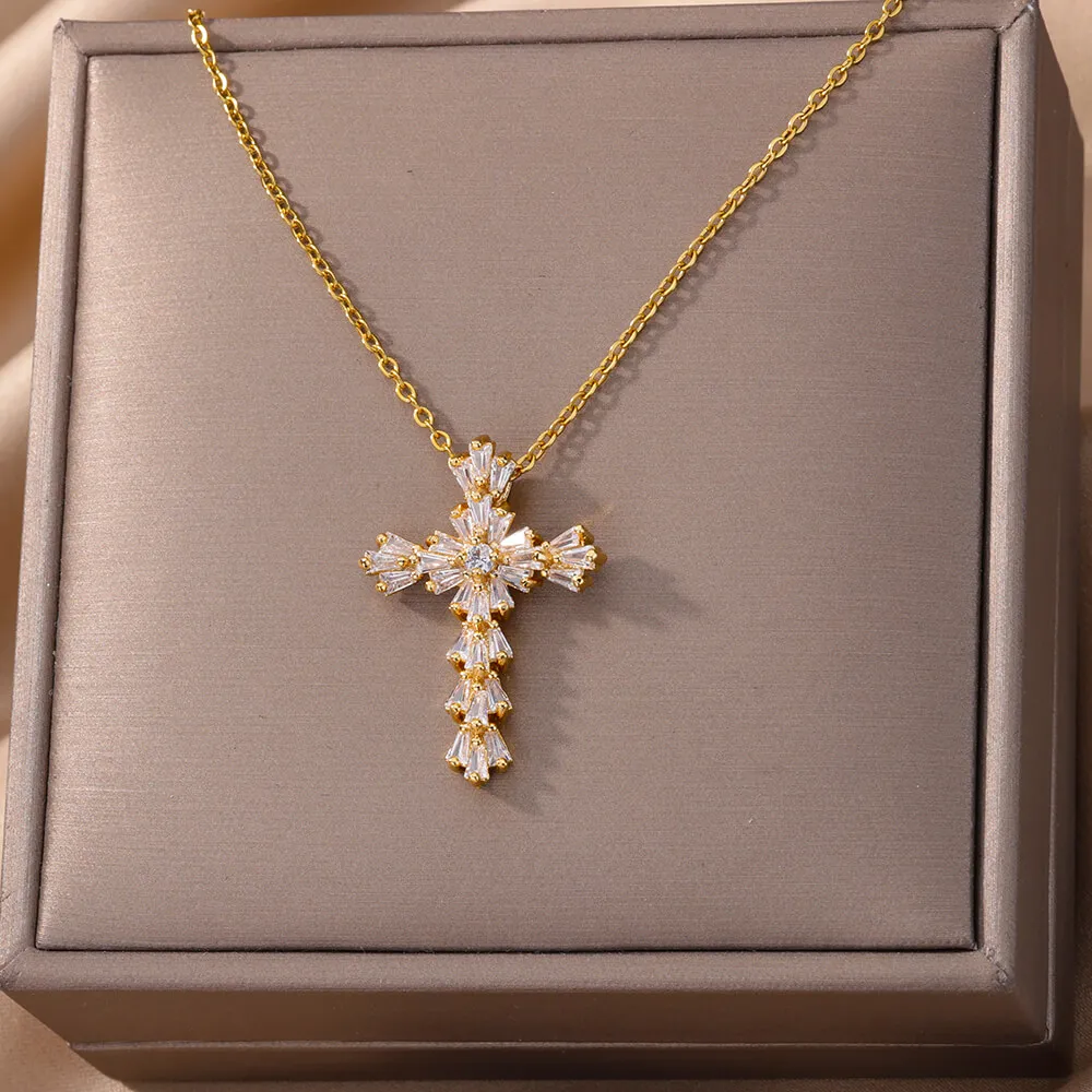 Exquisite Zirkonia Blumen form & Kreuz Anhänger Halskette für Frauen Edelstahl Kristall Kreuz Halsketten Luxus Schmuck
