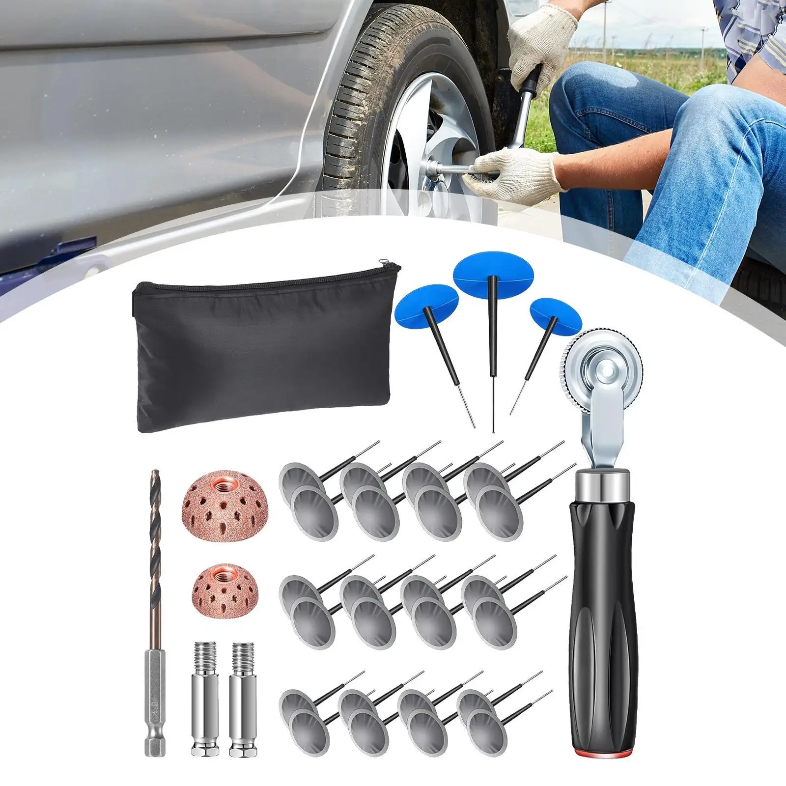 29 Pieces Tire Repair Patch Tool Kit Accessories Professional Universal,Tire Repair Kit,for SUV,Motorcycle RV Truck