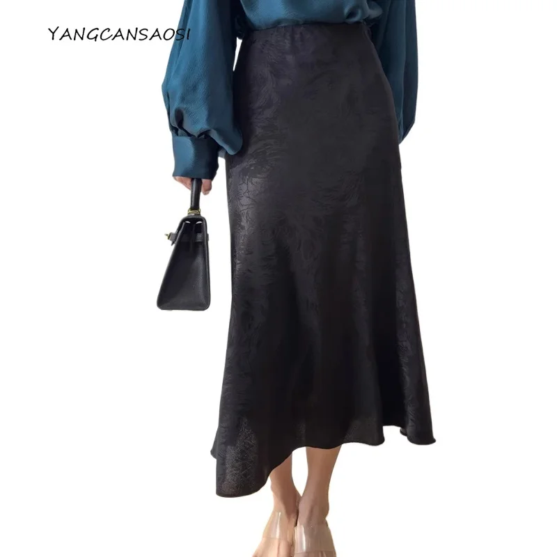 

Женская модная осенняя одежда, косой крой, 93% натуральный шелк шелковицы, эластичный жаккардовый атлас, элегантная юбка с запахом на бедрах