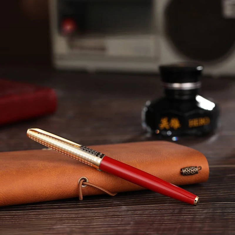 Imagem -06 - Hero 100 14k Gold Metal Fountain Pen Vermelho Metálico Tinta Assada ef 0.38 mm Escrita Escritório Elegante Conjunto de Luxo Papelaria