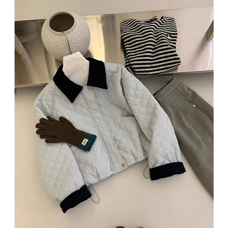 

Harajuku Parkas Women Fashion Corduroy Patchwork Puffer Jacket Korean Long Sleeve Down Coats Winter Cotton Padded Outerwears New