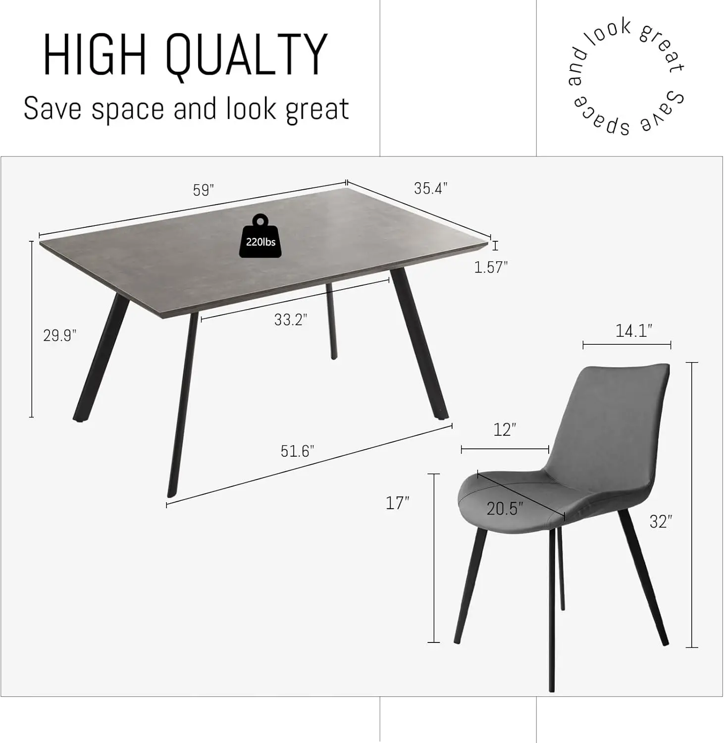 Modern Rectangular Wood Dining Table Set Concrete-Color Tabletop with Sturdy Metal Legs and 4 Soft Upholstered Chairs