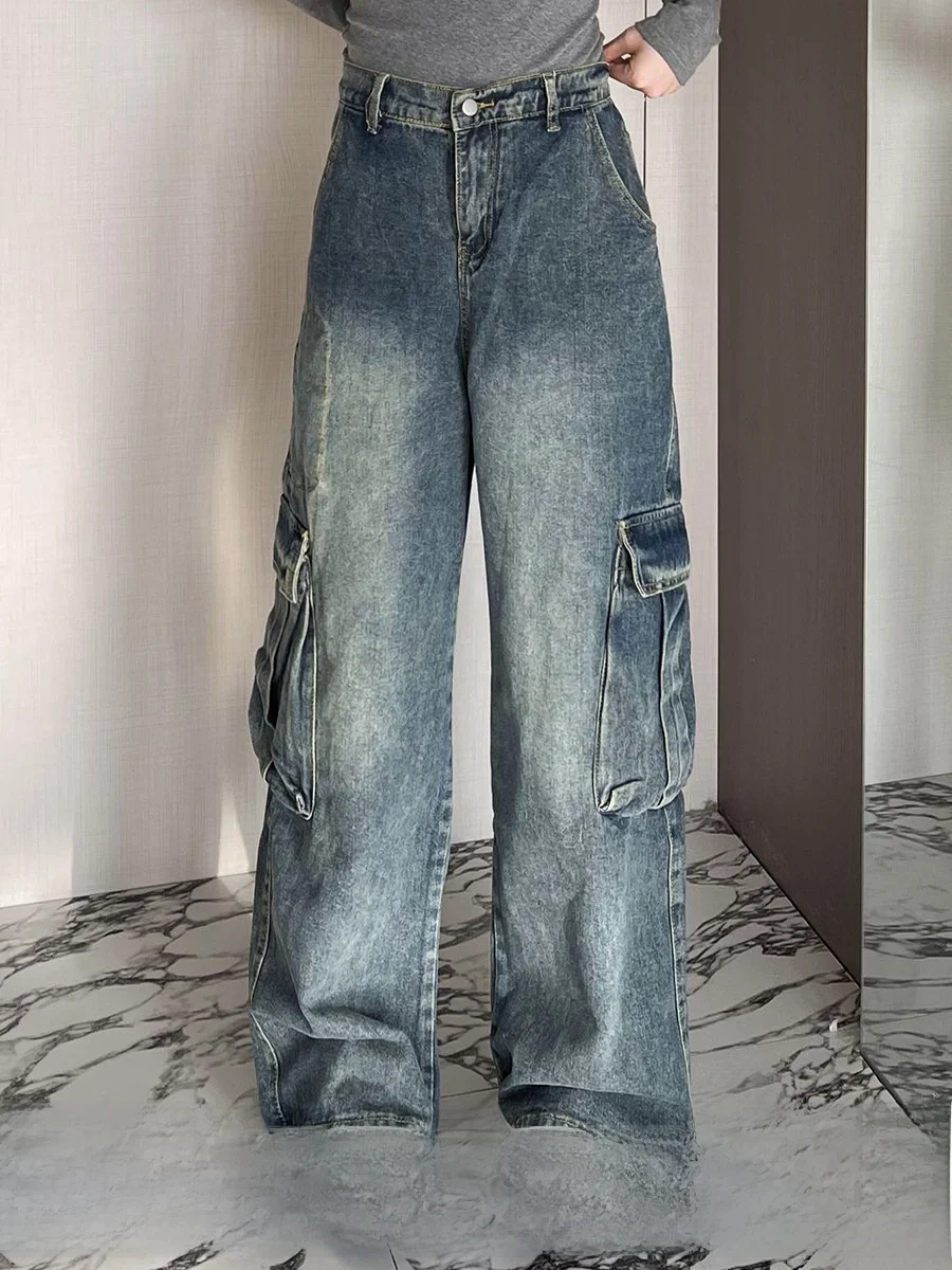 

Американские ретро-джинсы из денима для женщин: свободные, драпированные, повседневные брюки с высокой талией и широкими штанинами, подходят для всех сезонов.