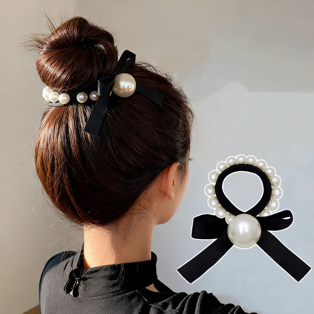

French Korean Pearl Bows Hair Ties Bands for Woman Strong Elastic Band Black Ribbon Hair Ropes Ponytail Decorations Accesorios