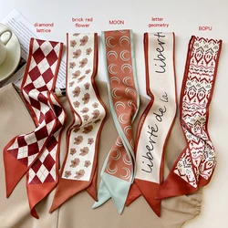 Luna&Dolphin Women Spring Skinny Long Scarf Red Geometry Letter Checkerboard Print Chiffon Silk Tie Bag Ribbon Headband Choker