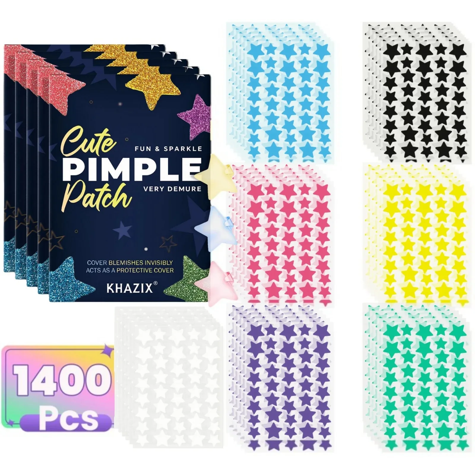 1400 peças de remendos de acne multicoloridos estrela '' remendos de acne faciais '' remendos de acne corretivos'' e espinhas ultrafinos.