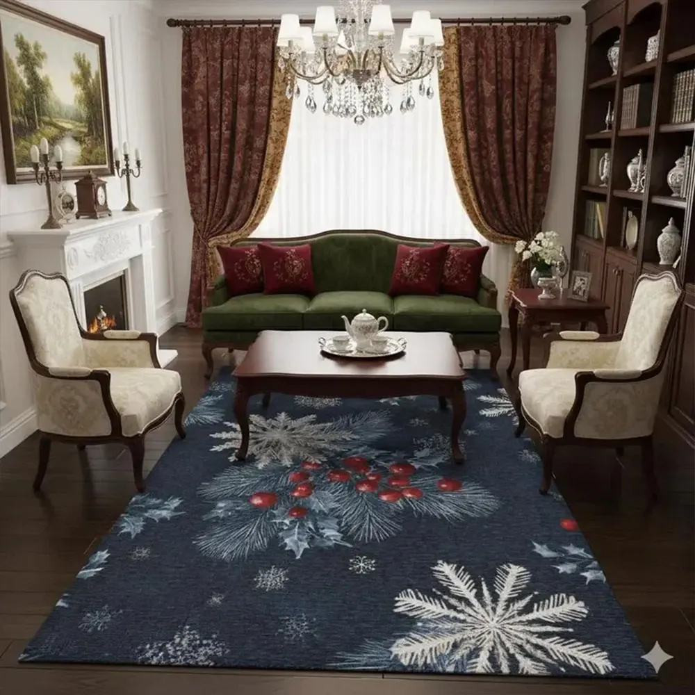 Christmas Santa Sleigh Rug Festive Holiday Reindeer Carpet with Moonlit Winter Village Scene Seasonal Printed Living Room Rug