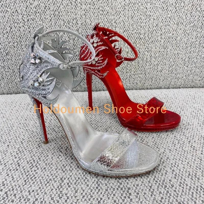 

Luxurious Silver Sequins Peep Toe Ankle Strappy Tower Buckle Stiletto Sandals Elegant Women's Banquet Dress Shoe Wedding Sandals