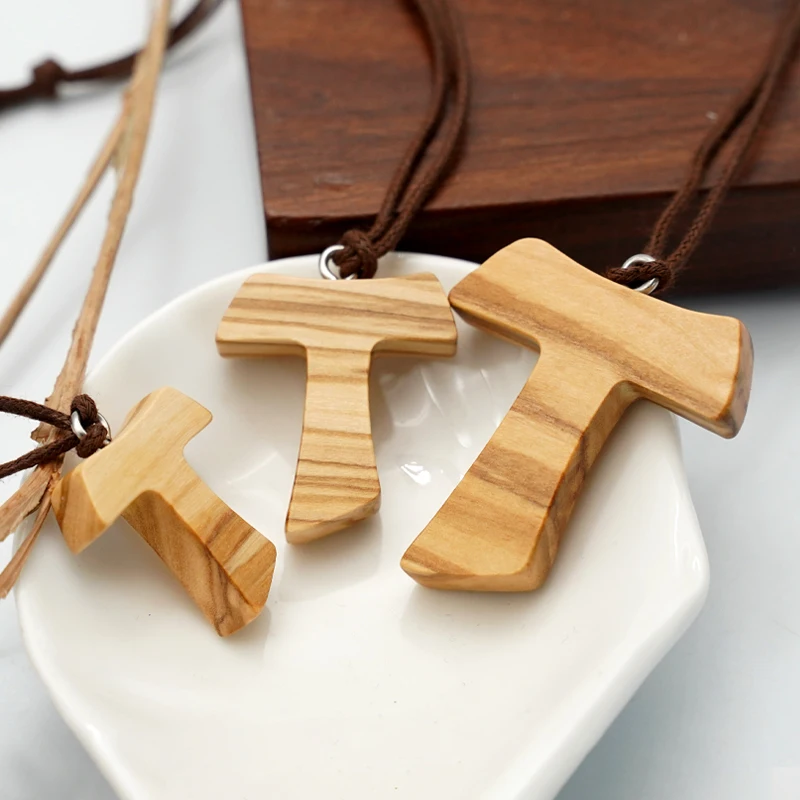 Religion Olive Wood Tau Cross 4/3/2.5CM Pendant with Rope Couple Necklace Religious Jewelry Christian Wooden Necklace for Women