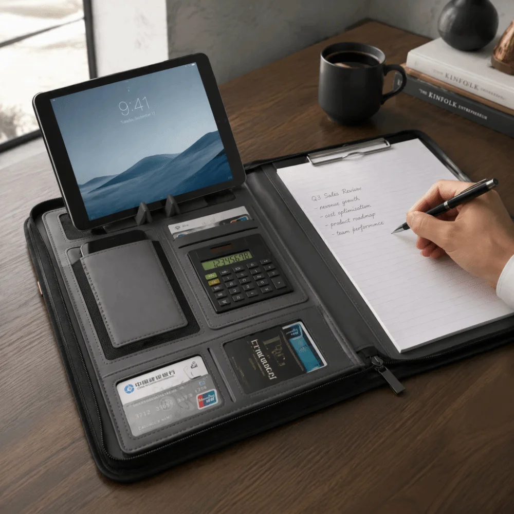 PU A4 Calculator File Folder Zipper Closure with Calculator Manager Folder A4 Circular Handle Briefcase Bag Women