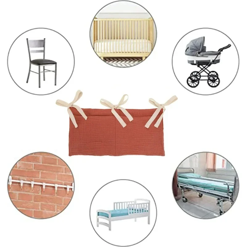 Soft Cotton Muslin Hanging Caddy Organizer Multi‑Pocket Bed Rail Hanging Storage Bag ForBedroom Dorm Space‑Saving Hanging Pouch