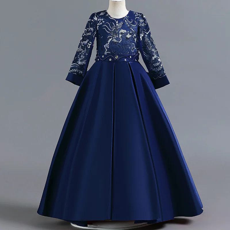 

Платье принцессы с длинными рукавами и вышивкой бисером для девочек, элегантное детское платье для свадьбы, дня рождения, торжественных мероприятий, Vestidos