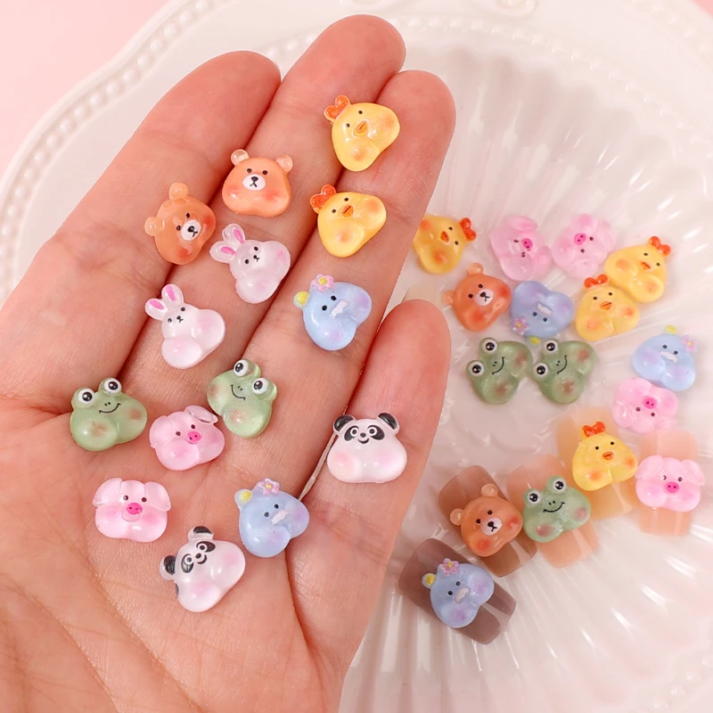 10 Stks/set Leuke Cartoon Dier Hars Nail Decoraties Pig Konijn Panda Eend Kikker Nail Rhinestones Diy Nail Art Sieraden Decoratie