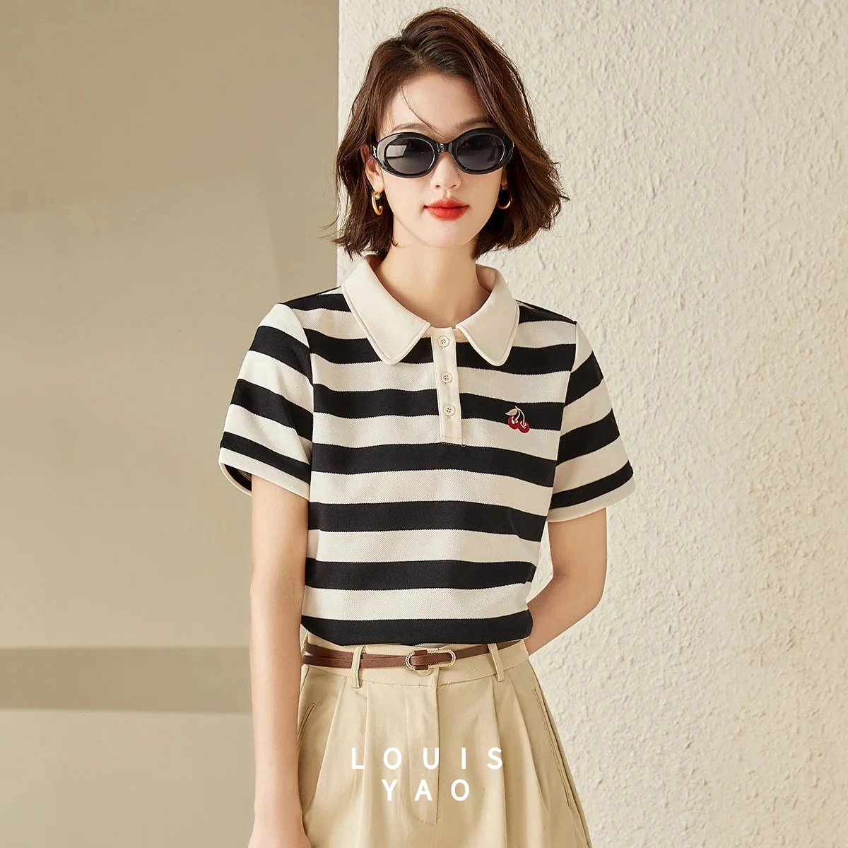 

LOUISYAO Stripes Knit Women's T-shirt 2025 Summer Embroidery Pattern Open Short Sleeve Tees Y2k Lapel Women Top New