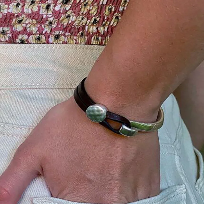 Leather Wrap Bracelet for Men and Women Boho Black Brown PU leather with Silver Patchwork Hook Bracelets Gifts for Her Him