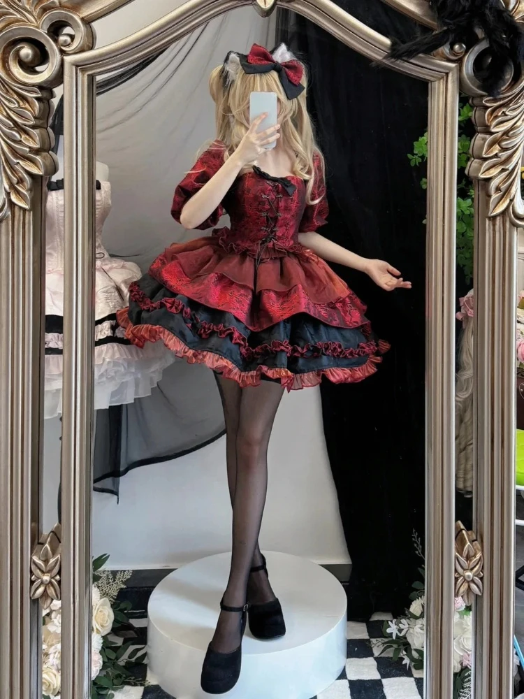 

2000s Dark Gothic Lolita Skirt Set Women Harajuku Y2k Lace Bow Evening Party Skirt Suit Japanese Punk Slim Bandage Princess Sets