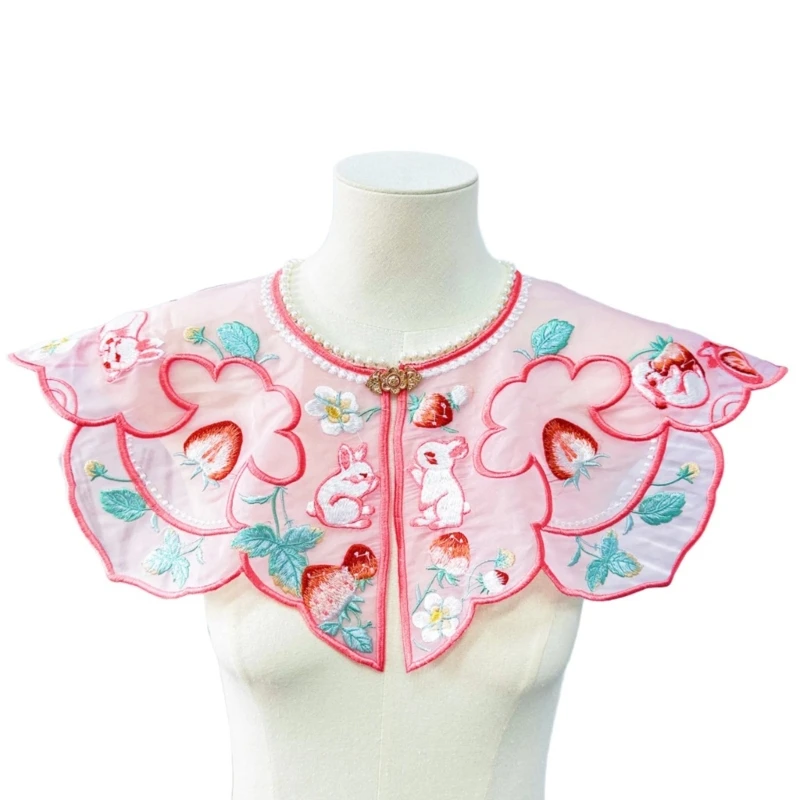 Colar Hanfu Antigo Pérolas Falsas Yunjian Bordado Colar Renda Hanfu Xale