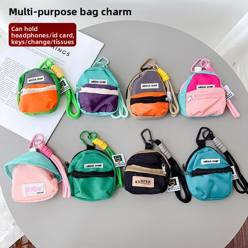 Color Block Mini Backpack Keychain Nylon Earphone Bag Portable Coin Purse Card Holder Key Charm Mini Wallet Bag Headphone Bag
