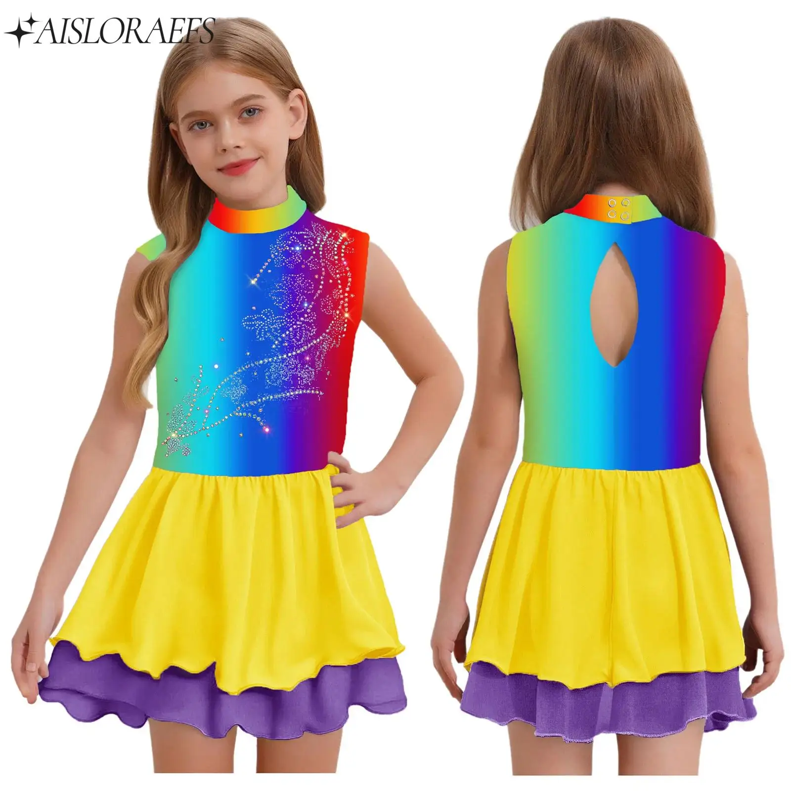

Kids Girls Ballet Jersey Gymnastics Figure Skating Dance Dress Sleeveless Shiny Rhinestones Gradient Dress Performance Costumes