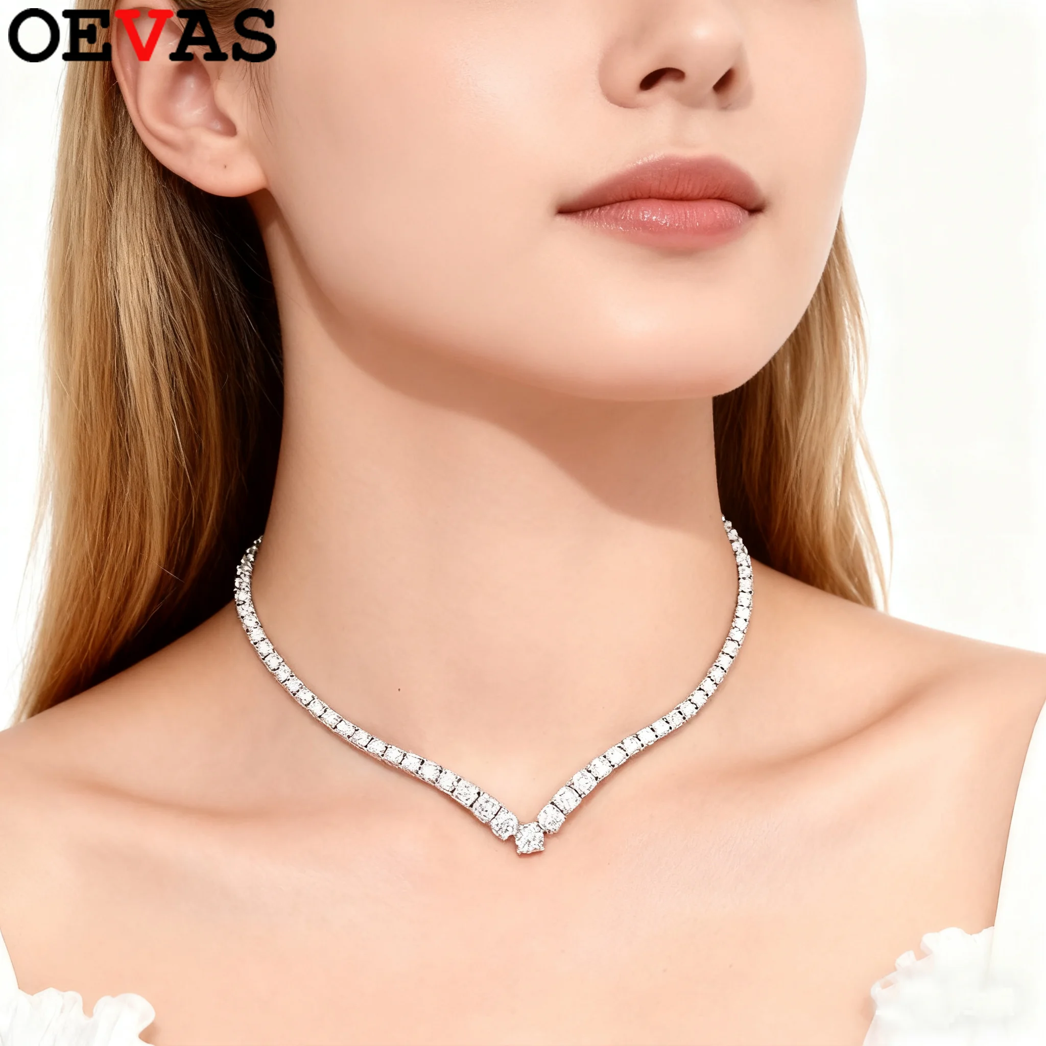 

OEVAS 5mm/0.5ct Full Moissanite 4 Claws V-shaped Gradient Tennis Necklace for Women 925 Sterling Silver Wedding Fine Jewelry