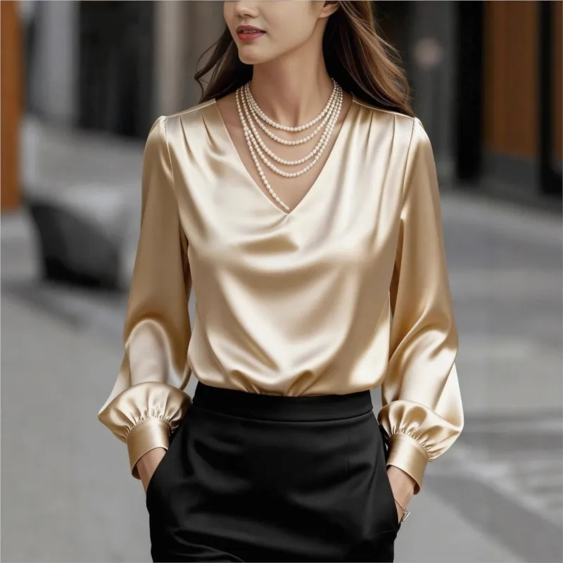 

Woman Elegant V-neck Shirts & Blouses Autumn Solid Satin Office Ladies Top Pullover Spring Long Sleeve Casual Blusas Mujer