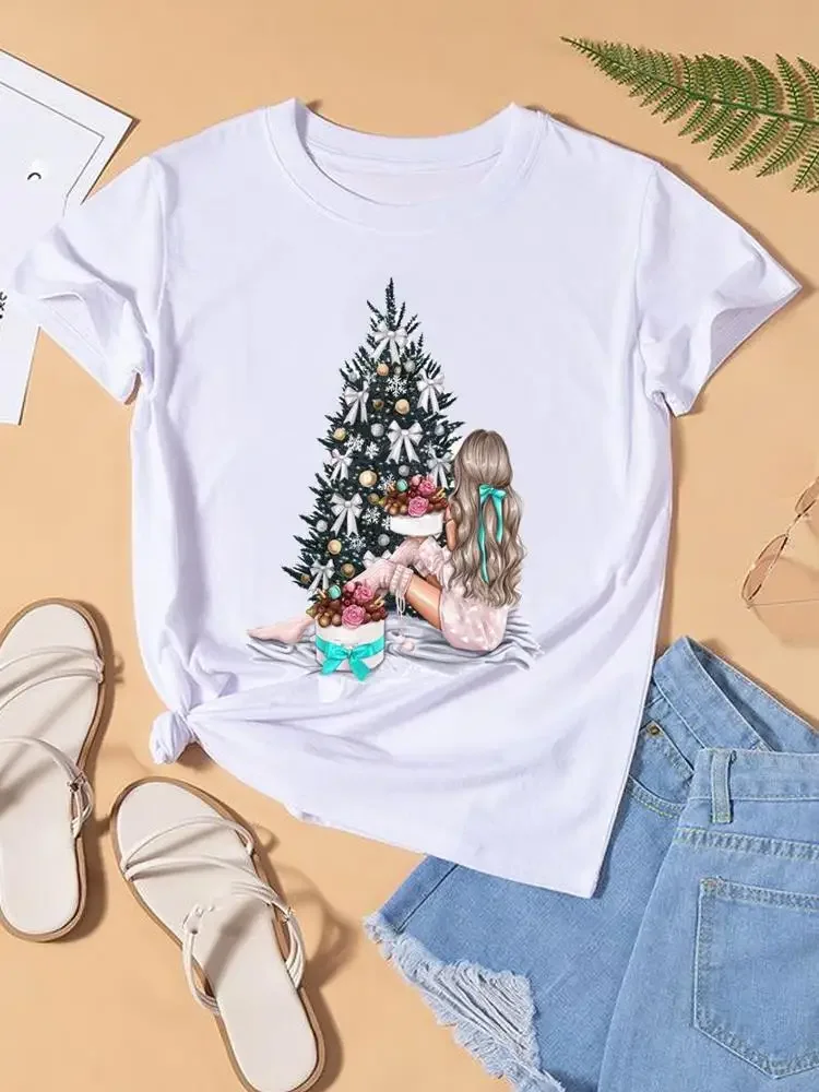 Women Tee Top Fashion Lady New Year Shirt Print Watercolor Tree Lovely Christmas Holiday Clothing Clothes Graphic T-shirts