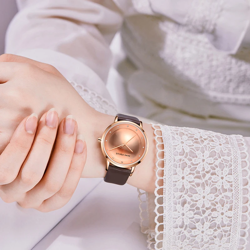 MINI FOCUS MF0332L Casual Women Wrist Watches Simple Design Brown Genuine Leather Strap Waterproof Female Quartz Watch