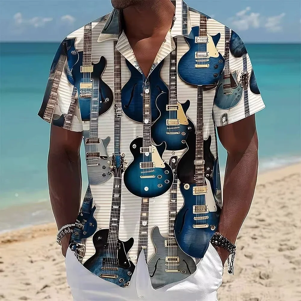 Men's Guitar 3D Print Short Sleeve Shirt Vintage Retro Music Festival Holiday Daily Tops Blue Orange Green Spring Summer