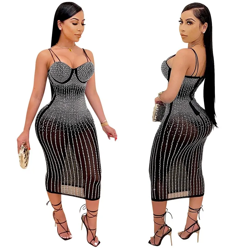 

2023 New Mesh See Though Hot Rhinestones Plunging V-Neck Midi Bodycon Dress For Women Sexy Club Party Dresses Pencil Vestidos