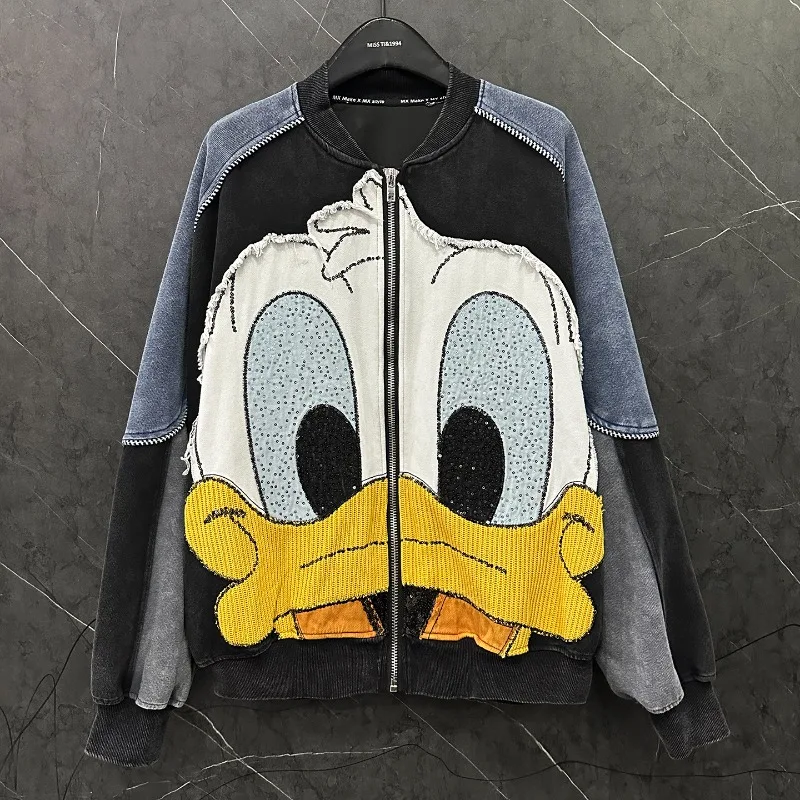 2025 Autumn Heavy Industry New Cartoon Color Block Cardigan Sweatshirts Jacket For Women's Loose Casual Fashion Top Hoodies Coat