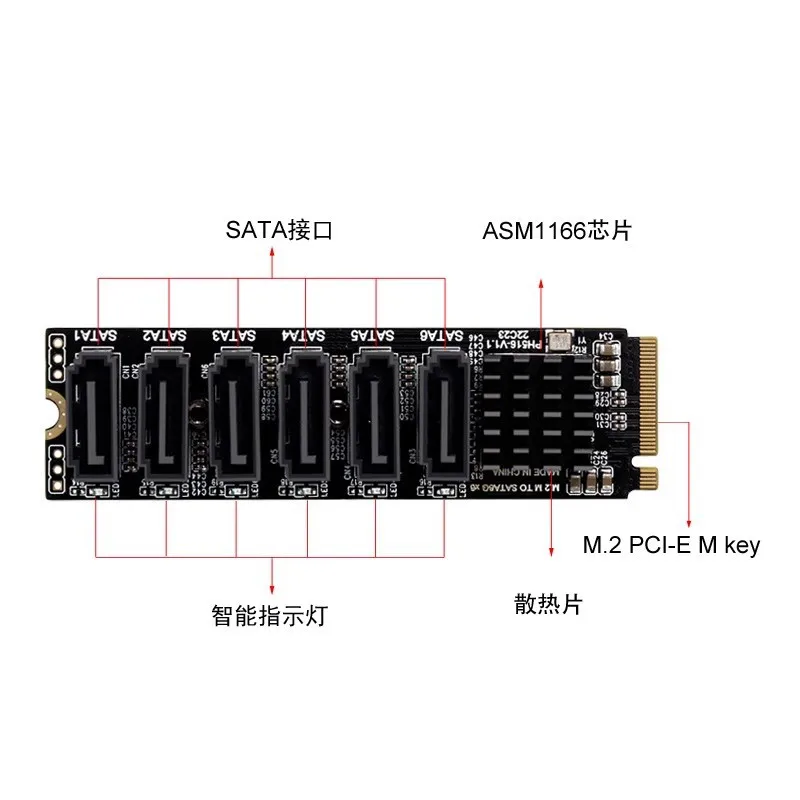 M.2 M-Key to 5-Port SATA 3.0 Expansion Card, PCIe SATA Storage Adapter for NAS