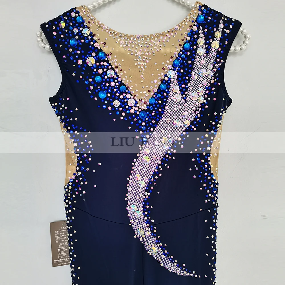 LIUHUO Rhythmic Gymnastics Leotard Customize Women Girl Costume Performance Competition Dress Aerobics Jumpsuit Teen Navy Blue