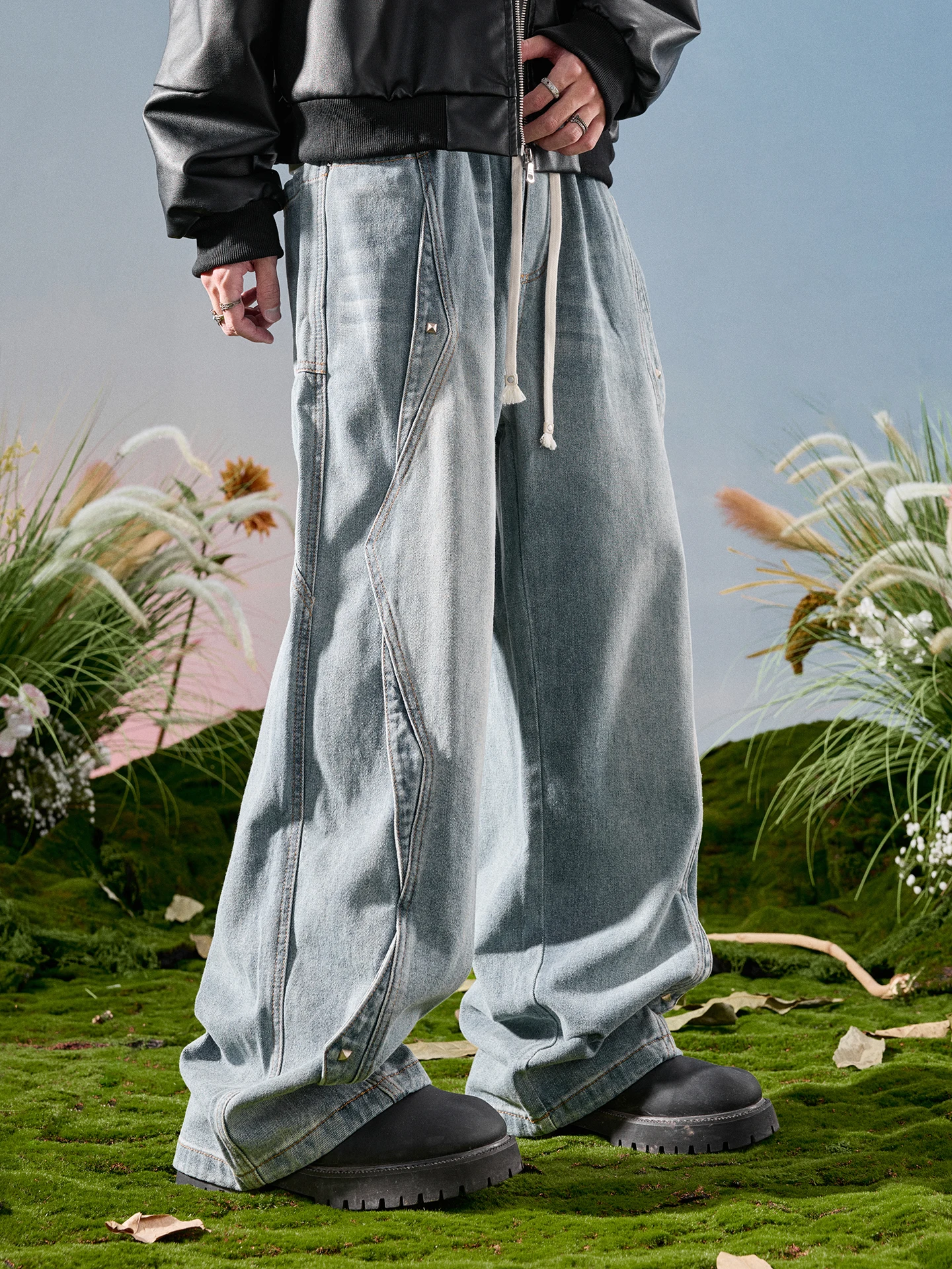 

Мужские джинсы Nuthink в американском ретро-стиле, широкие штанины, с дизайнерскими вставками, новинка зимы, повседневные, прямого кроя, свободного покроя